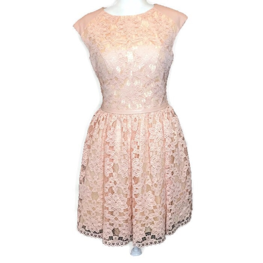 ⭐️Jovani JA99096 Blush Lace and Faux Leather Dress - Picture 2 of 6